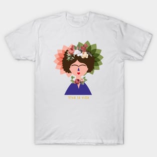 Summer cute colorful feminist Frida kahlo portrait flowers viva la vida T-Shirt